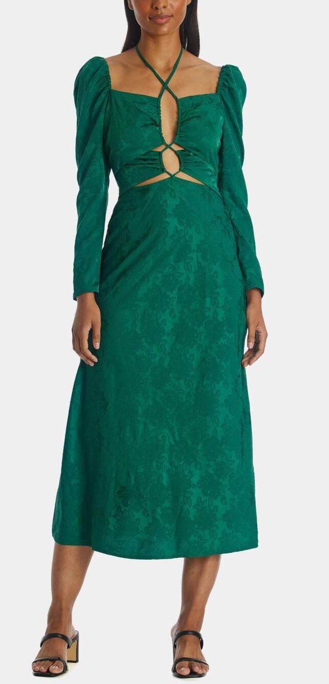 WAYF Midi Dress Green Adeline Cutout Floral Jacquard Halter New